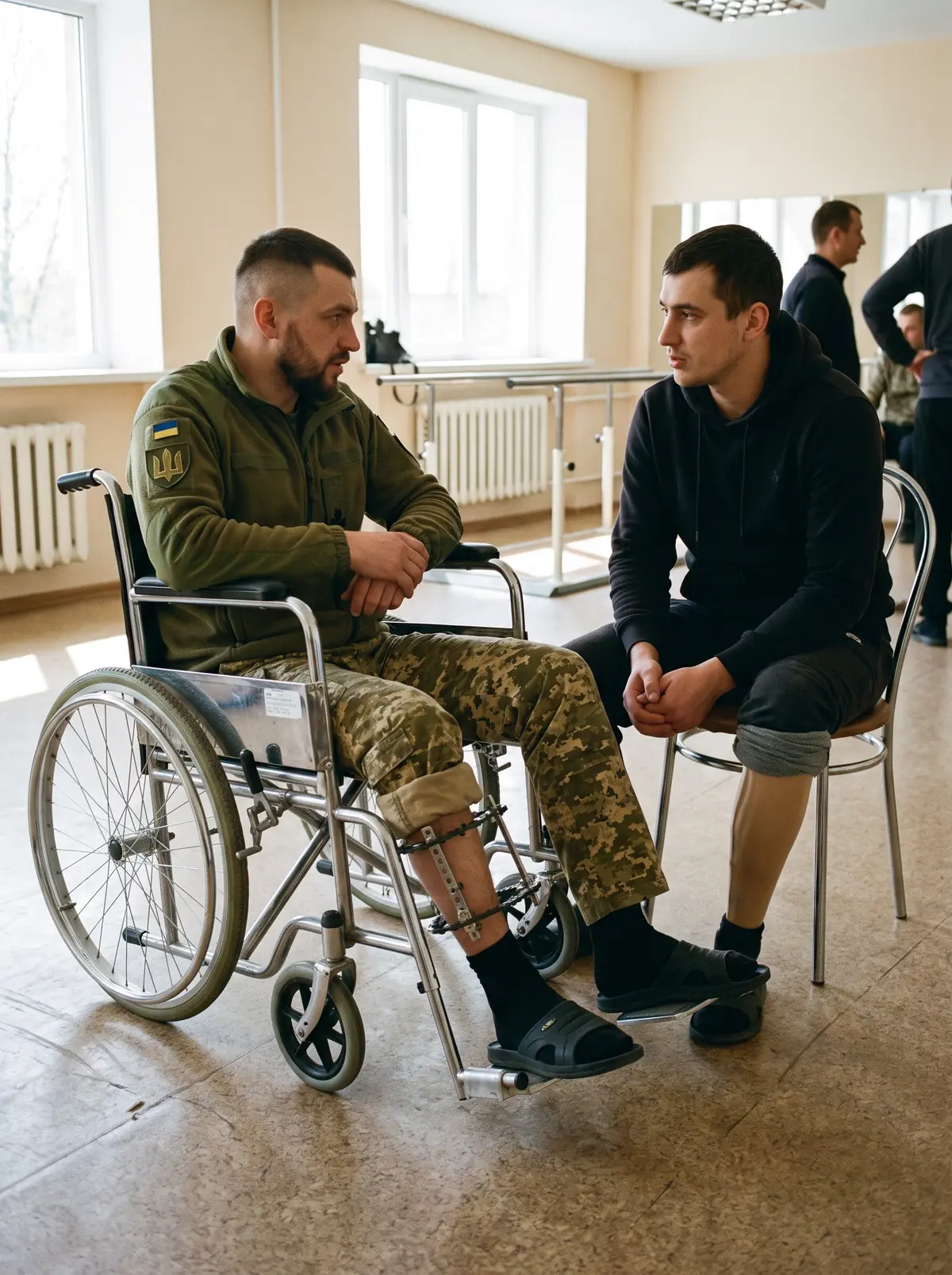 Ілюстрація: двоє українських ветеранів розмовляють у реабілітаційному центрі; один пересувається на кріслі колісному, інший має протез ноги